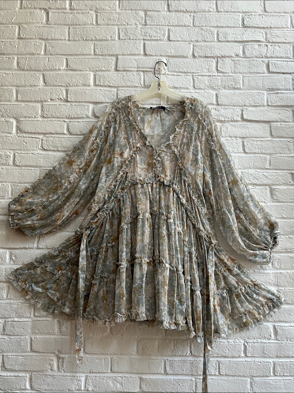 OPT Green Gray longsleeve V neck Chiffon mini dress Ruffle trim Adjustable ties - Picture 4 of 16